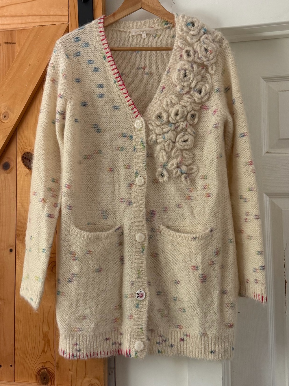 LoveShackFancy Emmanuelle Cardigan Alpaca Mohair Wool 3D Floral Appliqué Cottage